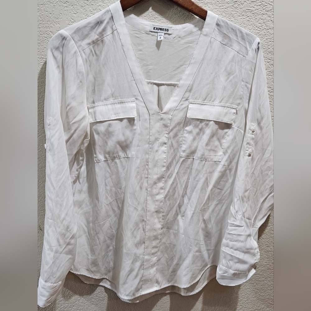 Express White V-Neck Blouse with Roll-Up Sleeves